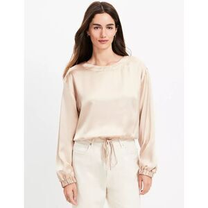 NEW Silky Gold Satin Sz Small Long Sleeve Drawstring Elastic Waist Blouse LOFT